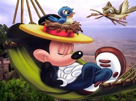 a cartoon character sitting in a hammock with a bird on his head and the words good night written below it