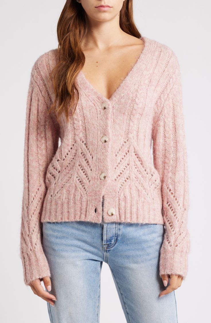 A mix of ribbed, pointelle and cable stitching provides cozy texture to this V-neck cardigan that's an essential for sweater season. 23" length (size Medium) Front button closure V-neck Long sleeves 55% polyester, 40% nylon, 5% wool Dry clean Imported Cozy Texture, Pointelle Cardigan, Sweater Season, Cable Stitch, Pink Fits, V Neck Cardigan, Fabric Gift Bags, Fabric Gifts, Free Fabric