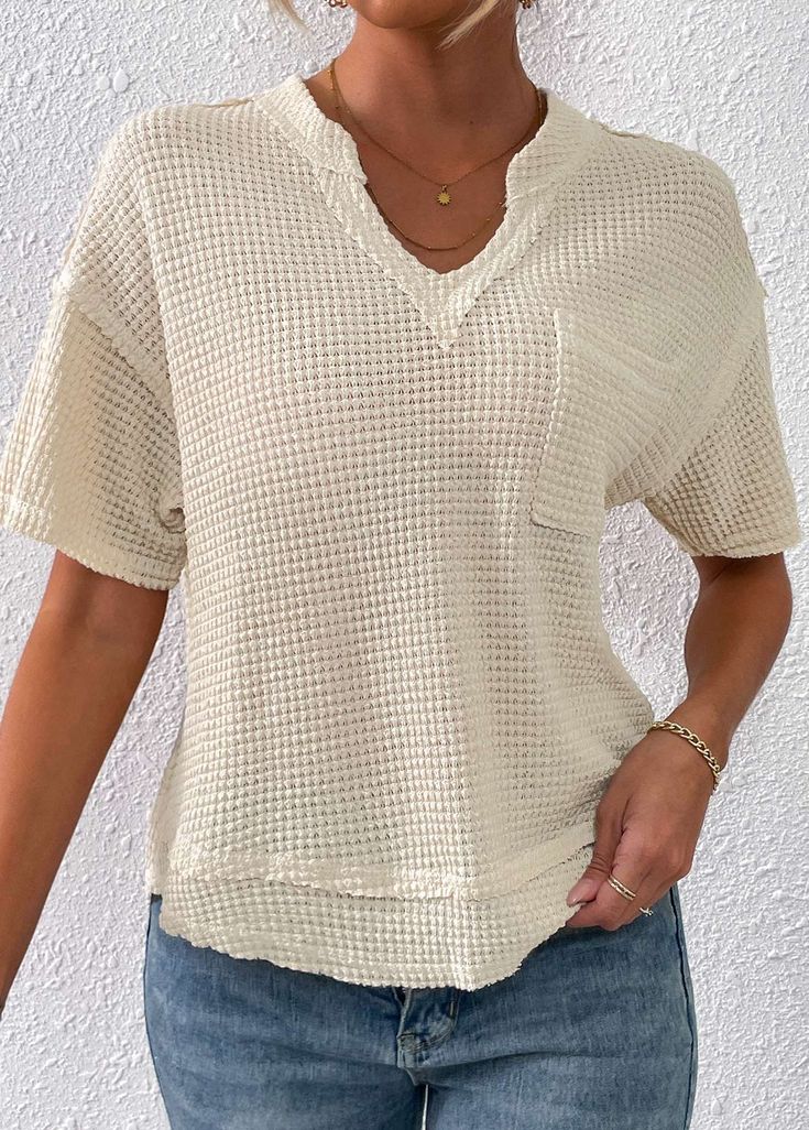 Pocket Beige Split Neck Short Sleeve T Shirt Blouse Size Chart, Beige T Shirt, Beige T Shirts, Plain Shorts, Lovely Tops, Tees For Women, Short Sleeve T Shirt, Shirt Sale, Shirt Pattern