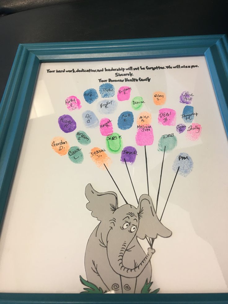 an elephant holding balloons with words written on them in front of a blue framed frame