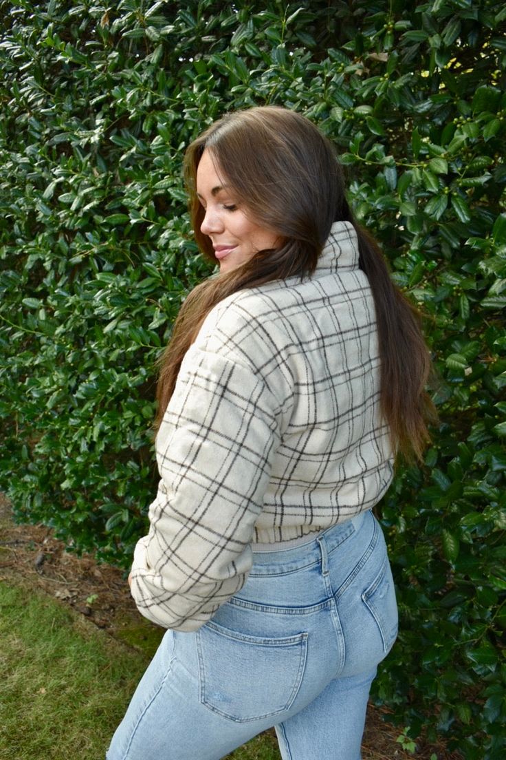 This jacket is everything you need to max out your look this fall! Featuring a chocolate plaid design with soft details and a cropped fit, it's so cute! Layer over your outfit of the day for a vibe that can't be matched. Gracyn is 5'7" wearing a size medium. Cropped Outerwear For Fall Day Out, Fall Everyday Long Sleeve Cropped Jacket, Plaid Fall Outerwear For Day Out, Plaid Outerwear For Fall Day Out, Plaid Outerwear For Winter Day Out, Trendy Plaid Outerwear For Everyday, Plaid Jacket, Plaid Design, Outfit Of The Day