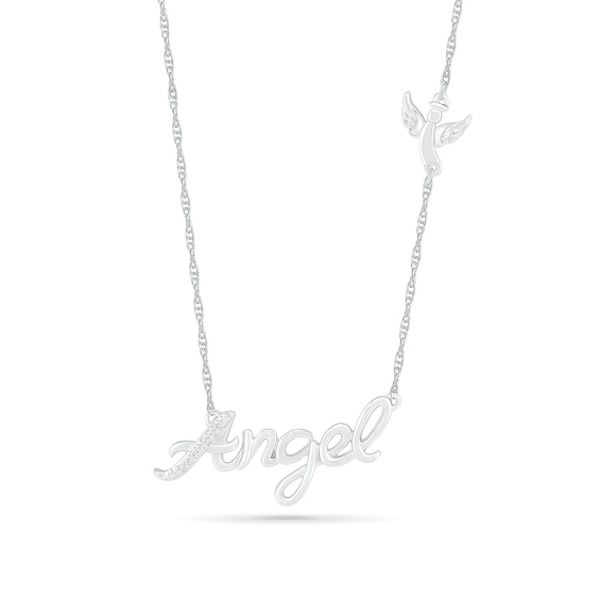 For the one who guides you, this word art necklace is a thoughtful gift. Fashioned in sterling silver, this style showcases diamond accents shimmering along the "A" in "Angel"; sculpted in a cursive font. Along the chain, a whimsical angel-shaped station adds further divine detail. Polished to a bright shine, this design suspends centered along an 18.0-inch rope chain that secures with a spring-ring clasp. Adjustable Silver Necklace With Custom Name, Silver Adjustable Nameplate Charm Necklace, Silver Adjustable Nameplate Charm Necklaces, Symbolic Silver Necklace For Personalized Gift, Custom Name White Gold Sterling Silver Necklaces, Sterling Silver White Name Necklace, Custom Name White Gold Sterling Silver Necklace, White Gold Sterling Silver Nameplate Necklace, Inspirational Silver Adjustable Necklace