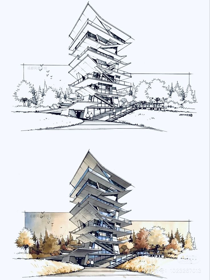 three different views of an architectural building with trees in the foreground and on the far side