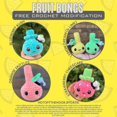 three crocheted toys with faces on them and the text fruit - bones free crochet motif