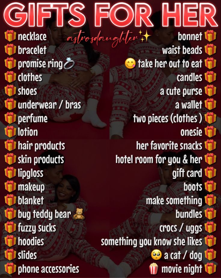 two women in matching christmas pajamas with the words gifts for her above them and an image of