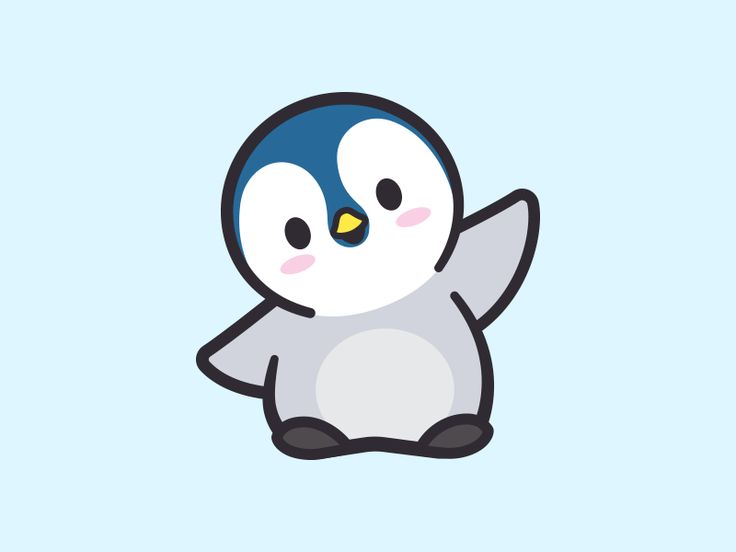 a cartoon penguin with its arms up and eyes closed, standing in front of a blue background