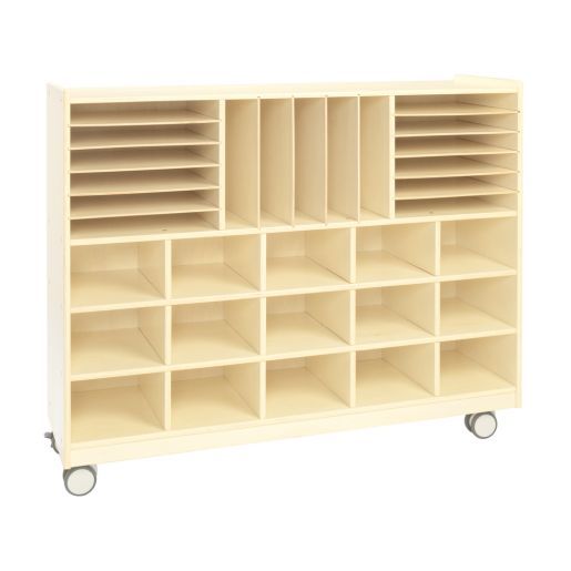 a white shelf with twelve compartments on wheels