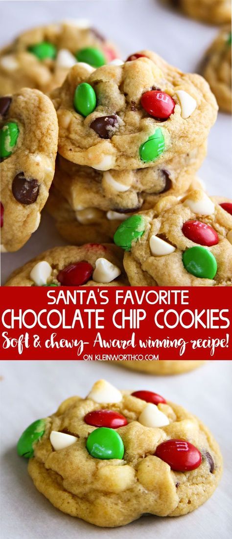 santa's favorite chocolate chip cookies with m & m candy on the top and bottom