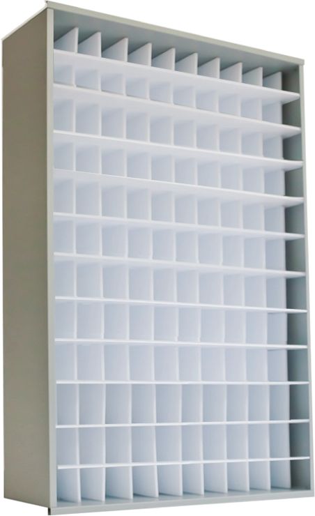 a white bookcase with many compartments on it