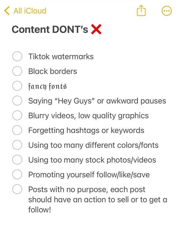 a checklist with the words'content don't's'on it