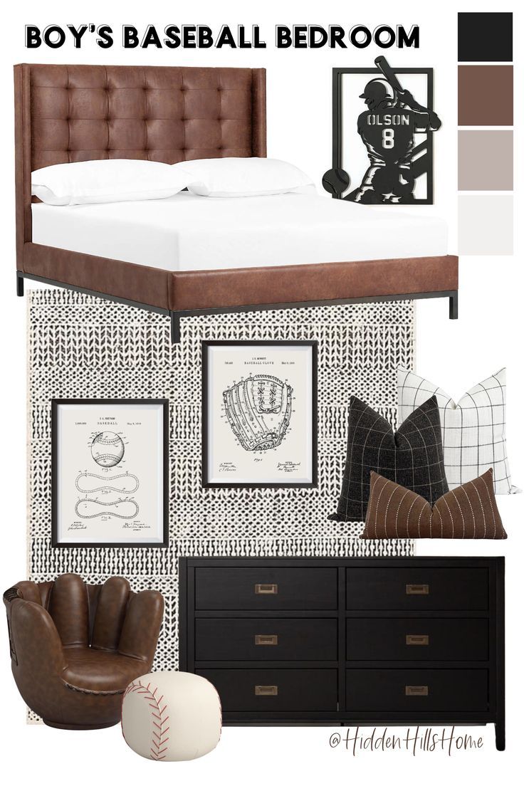 Modern Baseball Room Decor, Teen Bedroom Furniture Boy, Classy Sports Bedroom, Teen Boy Bedroom Beds & Frames, Dark Bonus Room Ideas, Dark Teenage Bedroom, Modern Baseball Bedroom, Teen Boy Bedroom Mood Board, Baseball Decor For Boys Room