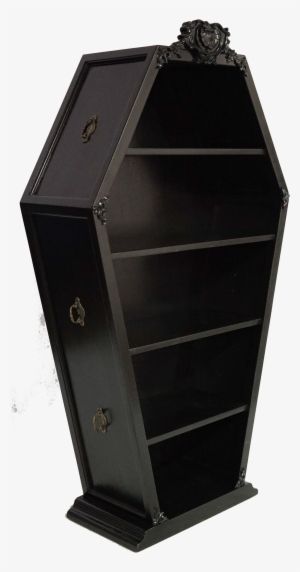 a black bookcase with an ornate design on the top and bottom shelf, in front of a white background