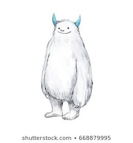 a drawing of a white monster with blue horns on its head and legs, standing in front of a white background