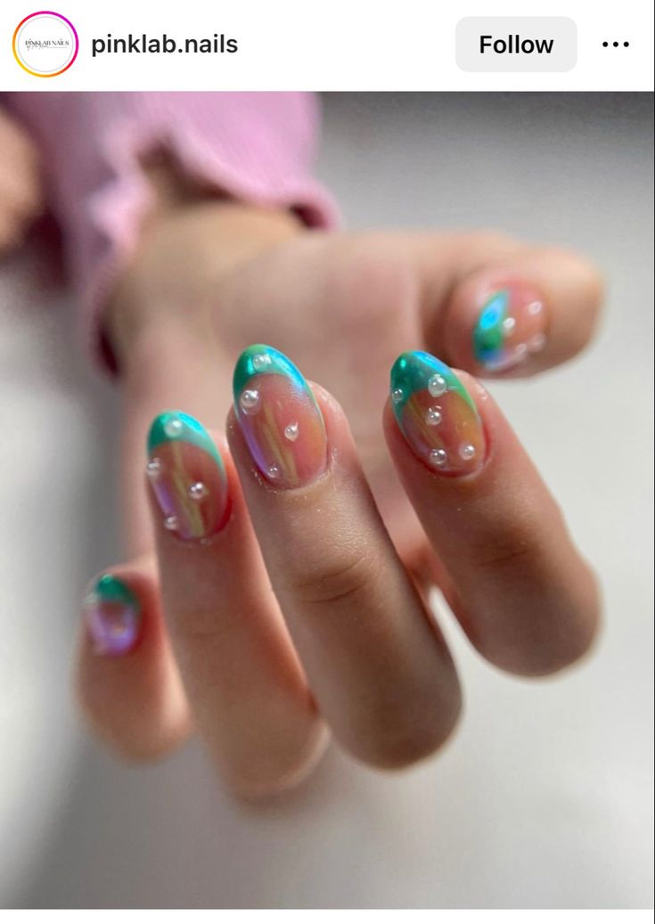 Chrome Nails With Pearls, Easy Pride Nails, Little Mermaid Nails, Nail Art For Short Nails, Art For Short Nails, Pride Nails, Magic Nails, Gelish Nails, Mermaid Nails