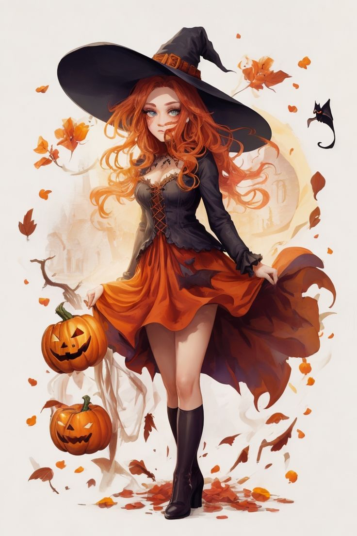 a woman dressed as a witch with pumpkins