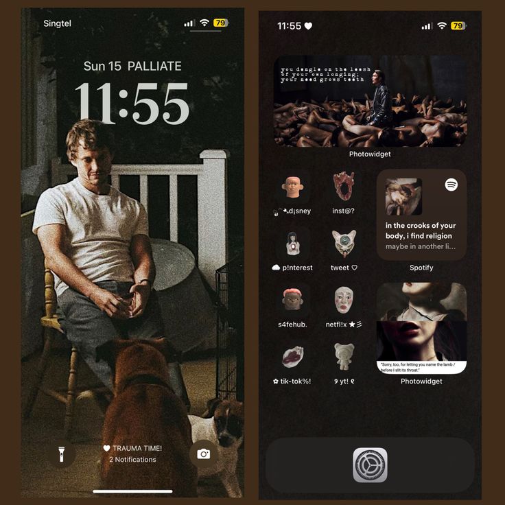 two cell phones showing the same image as they appear in different screens, one with a man sitting on a chair and another with a dog standing next to him