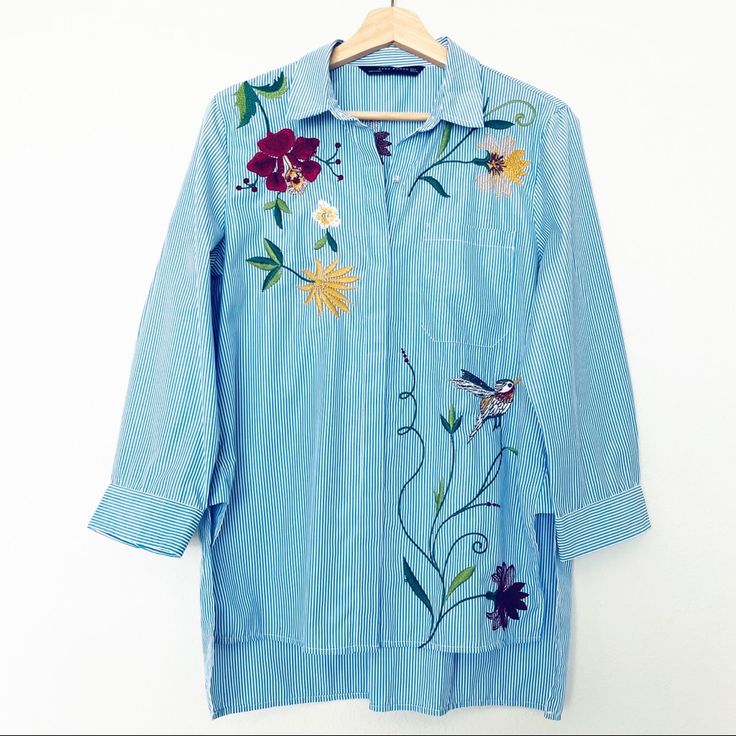 Reposhing This Item Is Beautiful But A Little Big For Me Blue Long Sleeve Blouse For Daywear, Blue Long Sleeve Shirt For Summer, Blue Casual Top With Floral Embroidery, Casual Blue Top With Floral Embroidery, Light Blue Long Sleeve Blouse For Spring, Light Blue Long Sleeve Shirt For Spring, Zara Blue Button-up Shirt, Blue Collared Cotton Blouse, Blue Long Sleeve Tops For Daywear