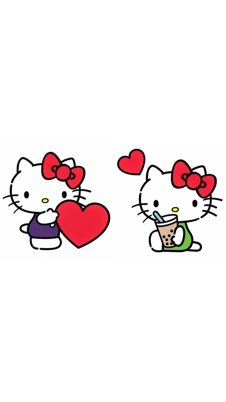 two hello kitty wallpapers, one with a coffee cup and the other with a heart