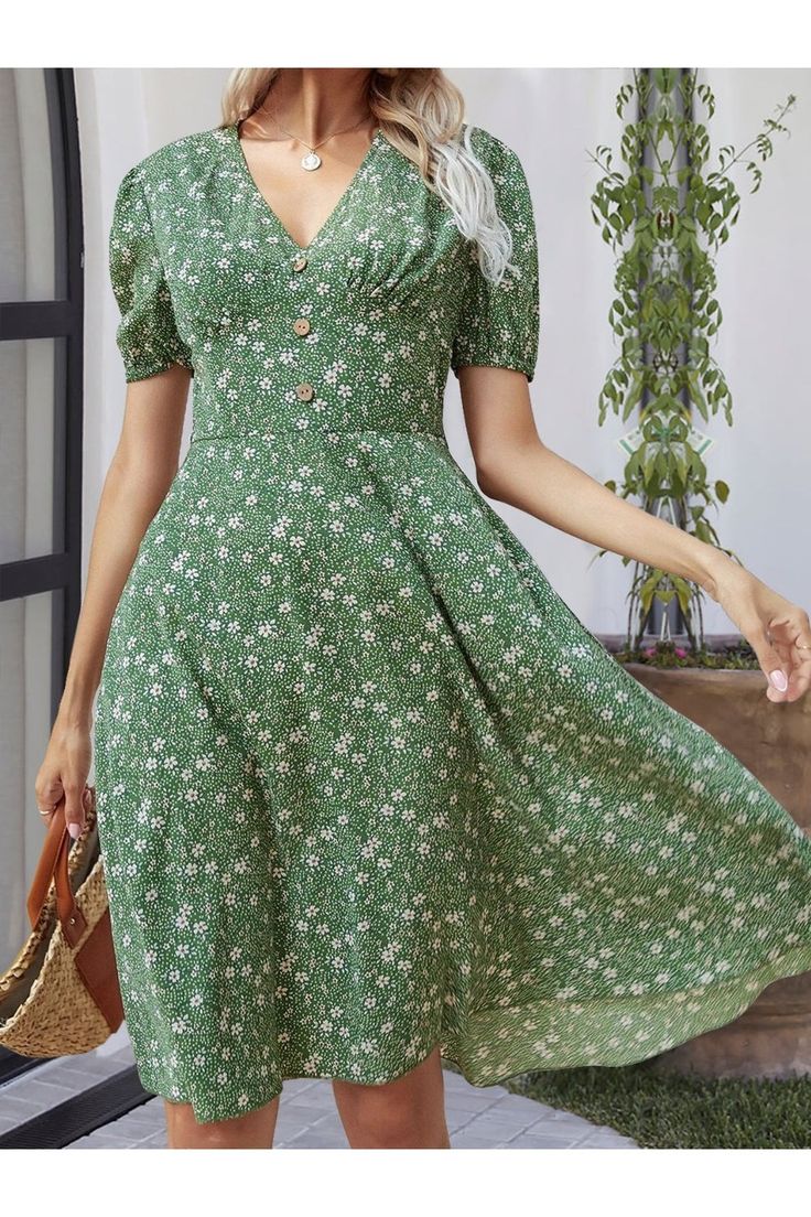 Printed V-Neck Short Sleeve Dress - Casual & Maxi Dresses - FITGGINS Elegant Green V-neck Short Sleeve Dress, Green Fitted V-neck Dress With Short Sleeves, Casual Green V-neck Dress With Floral Print, Casual Green V-neck Dress, Casual Short Sleeve V-neck Dress For Summer, Green Mini-length V-neck Dress, Fitted V-neck Floral Print Short Sleeve Dress, Fitted V-neck Short Sleeve Dress With Floral Print, Green Short Sleeve V-neck Dress