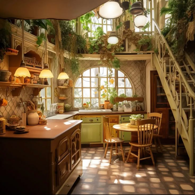 a kitchen filled with lots of green plants next to a wooden table and stairs leading up to the second floor