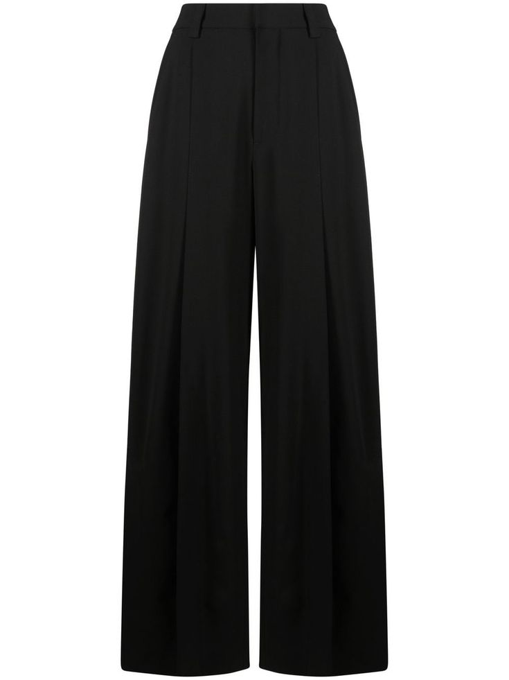 wide-leg trousers from AMBUSH featuring black, virgin wool blend, concealed front fastening, wide leg and pleat detailing. | Ambush Wide-Leg Trousers Wide Legged Black Pants, Black Trousers School Outfit, Black Aesthetic Pants, Calças Wide Leg, Black Pants Aesthetic, Black Clothes Aesthetic, Black Classic Pants, Wide Black Pants, Pleated Black Pants