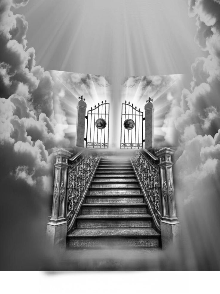 an open door leading to the sky with stairs and gates in front of it, surrounded by clouds