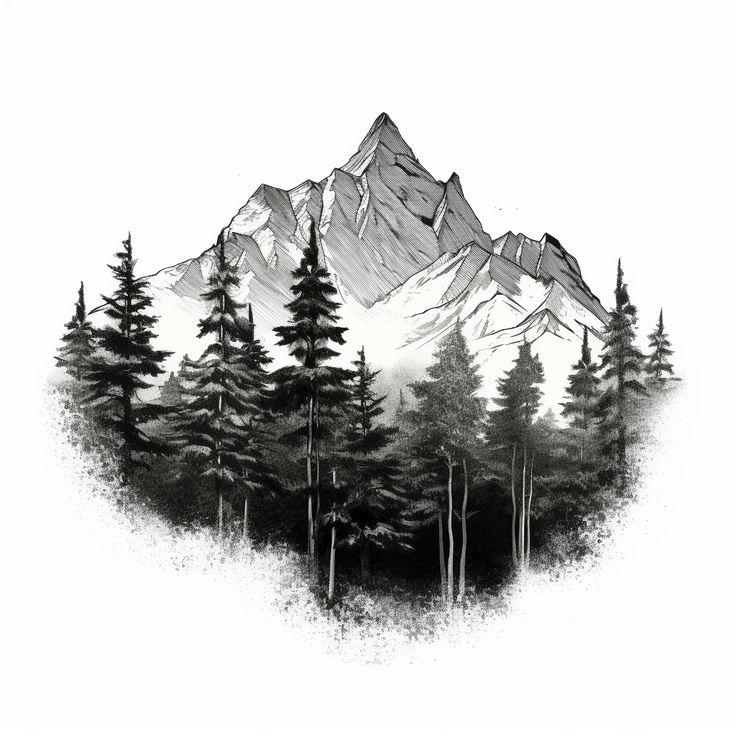 a black and white drawing of trees in front of a snow covered mountain with pine trees