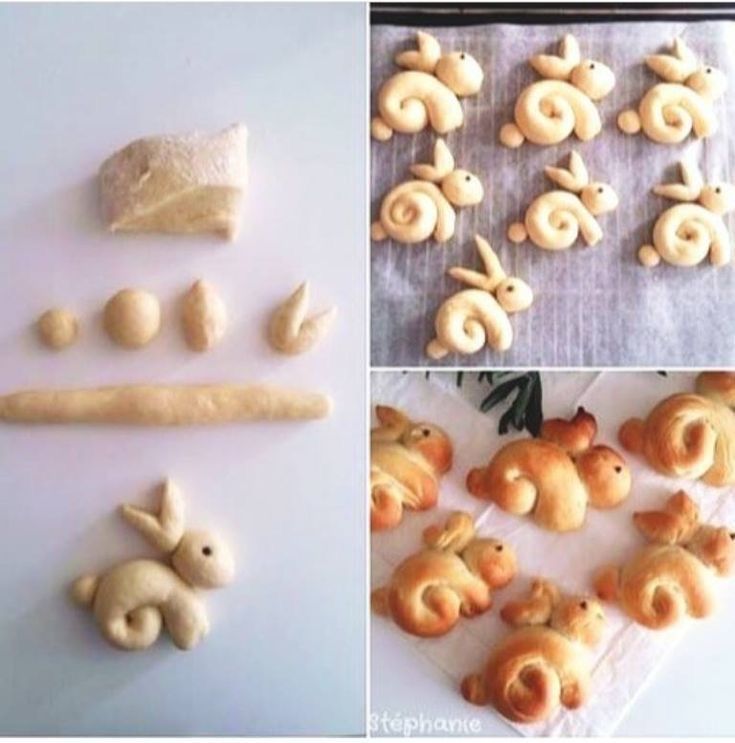 several pictures of different types of food including bread, pretzels and buns