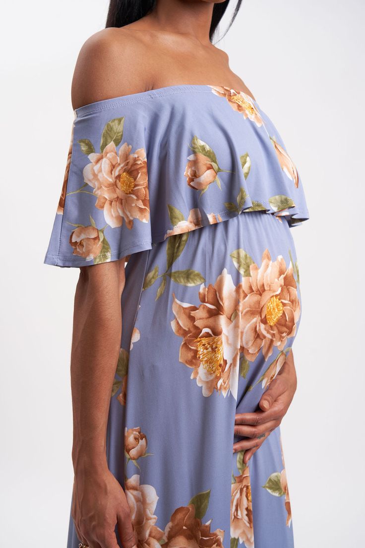 This sweet floral print with an off-the-shoulder ruffle is a comfortable and stylish maxi maternity dress. The dusty blue hue is perfect for any season, making this maternity dress an easy choice for all nine months of your pregnancy. This is a great maternity dress for your baby shower, gender reveal party, or a night out. Off-the-shoulder ruffle For Hot Mommy during pregnancy and beyond Fabric: 95% polyester, 5% spandex Packaged and shipped by our all-female owned and operated business. For si Summer Blue Floral Maternity Dress, Blue Floral Print Maternity Dress For Summer, Summer Blue Floral Print Maternity Dress, Blue Floral Print Maternity Dress, Maternity Off-shoulder Maxi Dress With Ruffles, Spring Light Blue Off-shoulder Maxi Dress, Light Blue Off-shoulder Maxi Dress For Spring, Off-shoulder Maternity Maxi Dress, Flowy Off-shoulder Maternity Maxi Dress