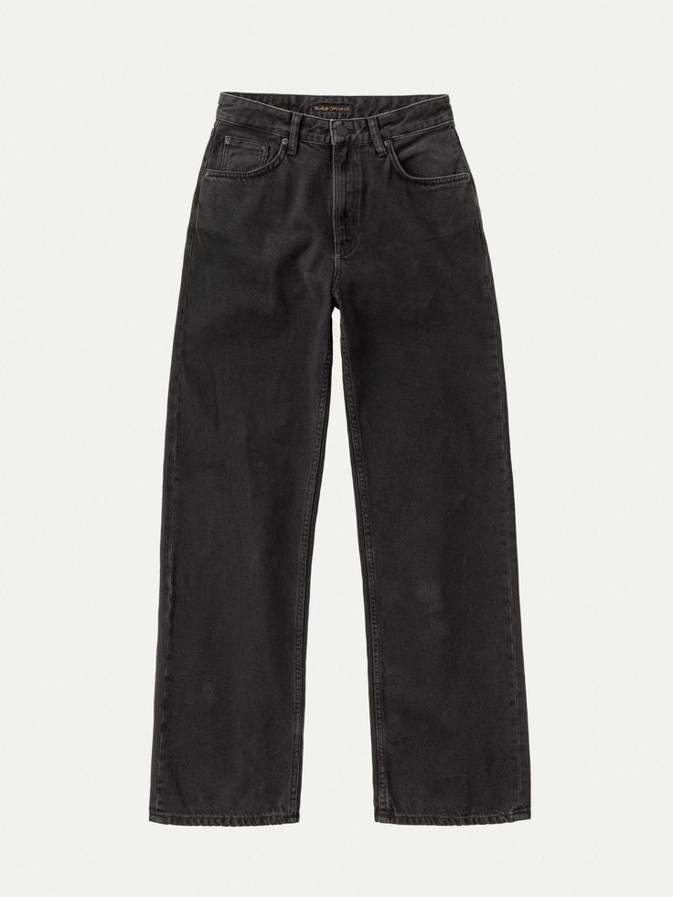 High waist loose fit jeans with a wide leg made in 100% pre-consumer recycled cotton. Washed black jeans with a pronounced twill texture and dull surface matched with dull black metal trims. While the gentle wash has kept the jeans largely black, it has enhanced the twill texture and rendered a muted salt 'n pepper grain throughout the denim. Fire Clothes, Jeans Store, Loose Fit Jeans, Blouse Pants, Black Thread, Black High Waist, Nudie Jeans, Wide Leg Denim, Knit Shirt