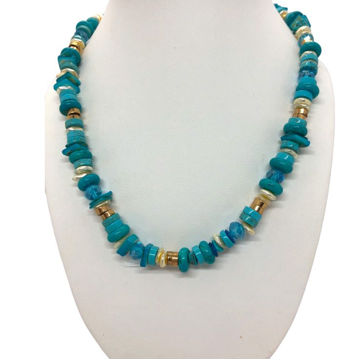 This exquisite unisex choker necklace features turquoise, pearls, 14K gold, and crystals, all crafted to perfection with an intricate texture and lobster clasp closure. Measuring 23 inches, it embodies style and taste with its stunning Mediterranean colors, making it the ultimate piece for those who want to stand out. This necklace exudes power and sophistication, allowing you to express your individuality and make a statement that resonates with your spirit. Whether you're dressing up for a formal event or making a statement in a casual setting, this accessory effortlessly complements any outfit. All Craft, Luxor, Nature Jewelry, Wearable Art, Formal Event, Lobster Clasp, Choker, Choker Necklace, Turquoise