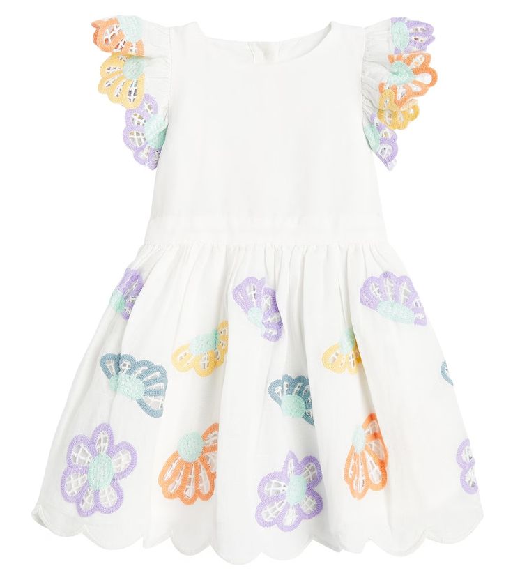 Baby embroidered cotton and linen dress in white - Stella Mc Cartney Kids | Mytheresa White Embroidered A-line Dress For Spring, Cotton A-line Beach Dresses, Spring A-line Dress With Embroidered Hem, White Cotton A-line Dress, Spring A-line Dress With Cutwork Hem, White A-line Cotton Dress, Embroidered Multicolor Dress For Garden Party, Spring Multicolor Embroidered Dress With Floral Applique, White Cotton Dresses For Spring