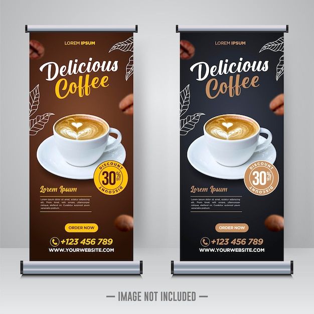 two roll up banners with coffee cups and leaves on the front, one is for delicious coffee