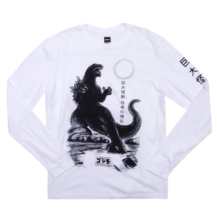 Godzilla White Long Sleeve - Godzilla | Heroes & Villains Godzilla Franchise, Star Wars Accessories, Heroes And Villains, Marvel Hoodies, Flex Fit Hats, Printed Art, Streetwear Men Outfits, Mens Long Sleeve Tee, Womens Fleece