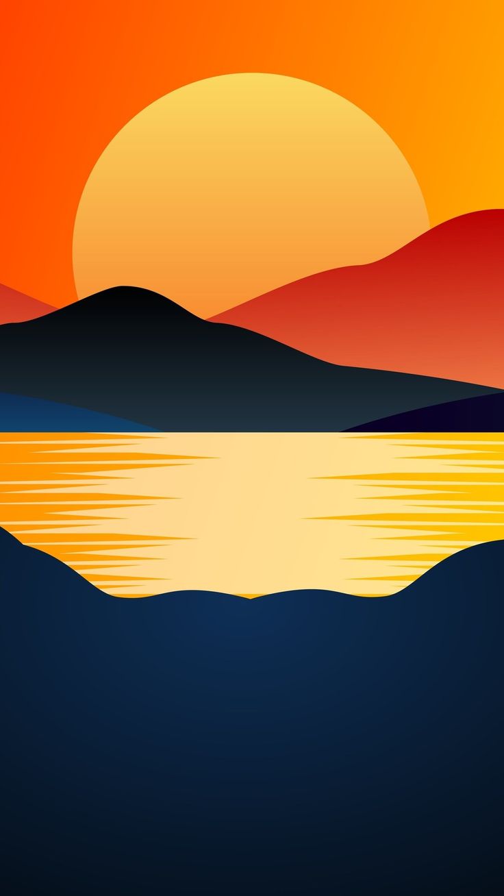 an orange and blue sunset over water with mountains in the backgrounds