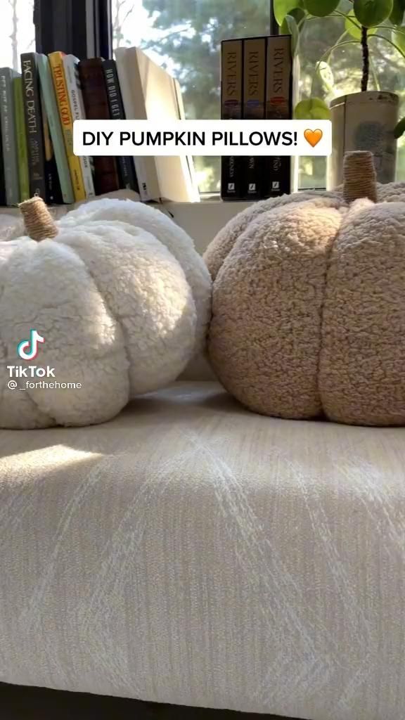 two stuffed pumpkins sitting on top of a bed in front of a book shelf