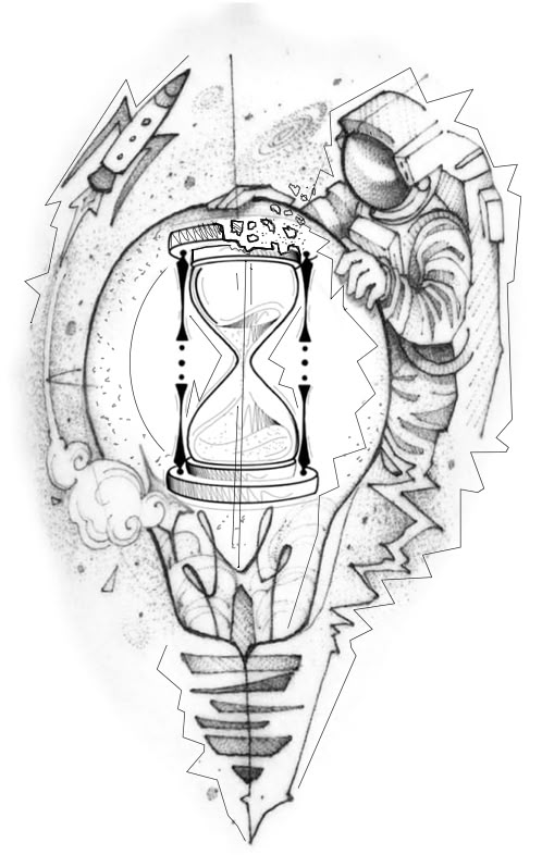 a drawing of an hourglass in the shape of a light bulb with a man inside it