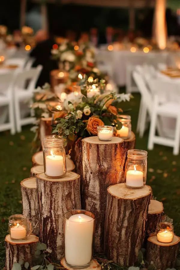 a table with candles and flowers on it in the middle of some wood stumps