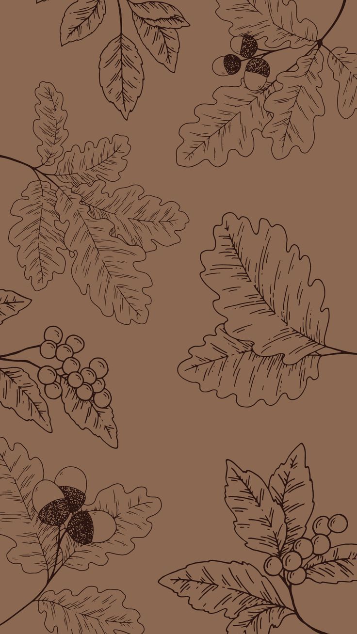 an image of leaves and acorns on a brown background