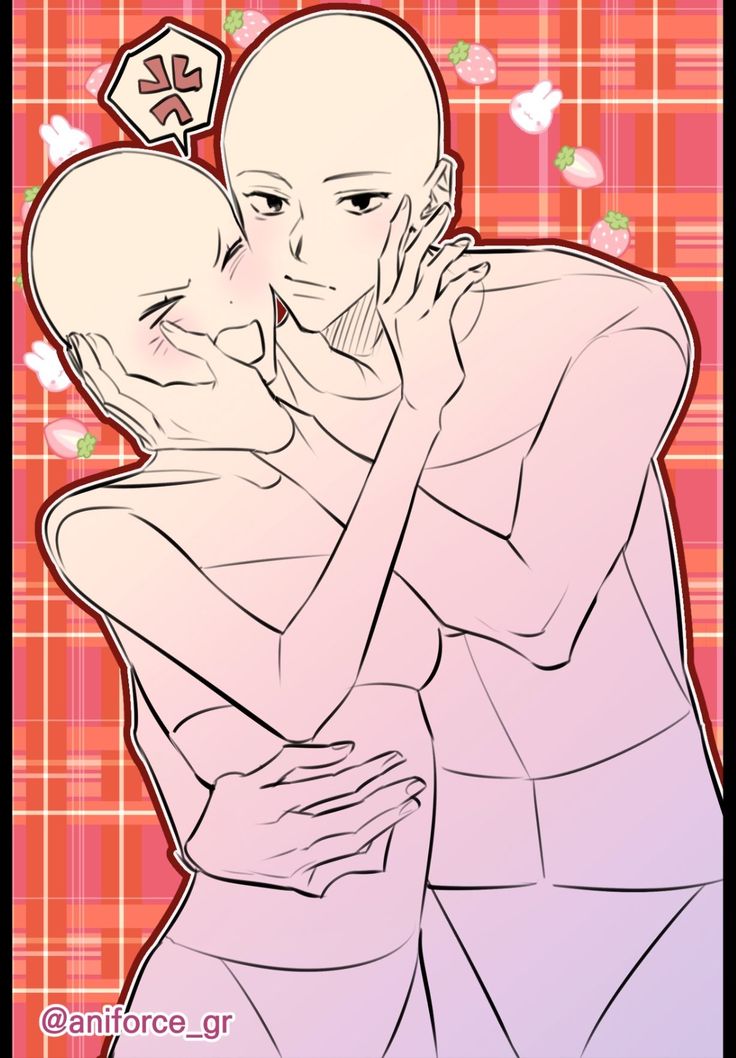 two people hugging each other in front of a checkered background with hearts on it