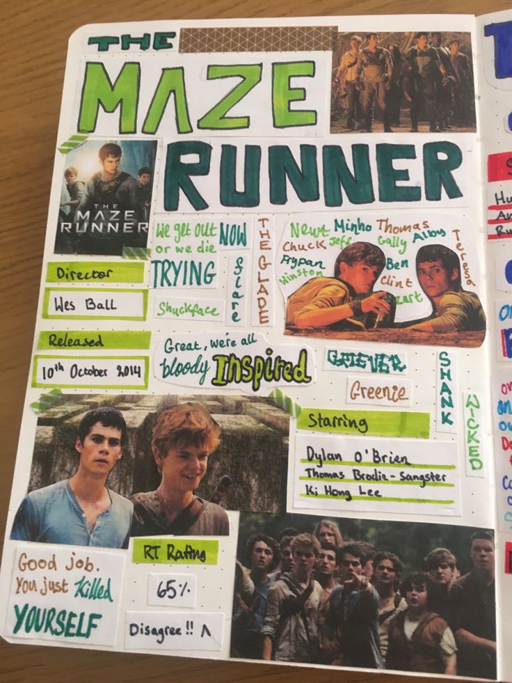 the maze runner book is open on top of a wooden table with pictures and words all over it