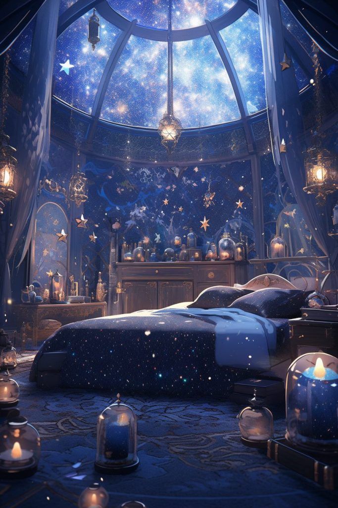 a bed sitting under a sky filled with stars