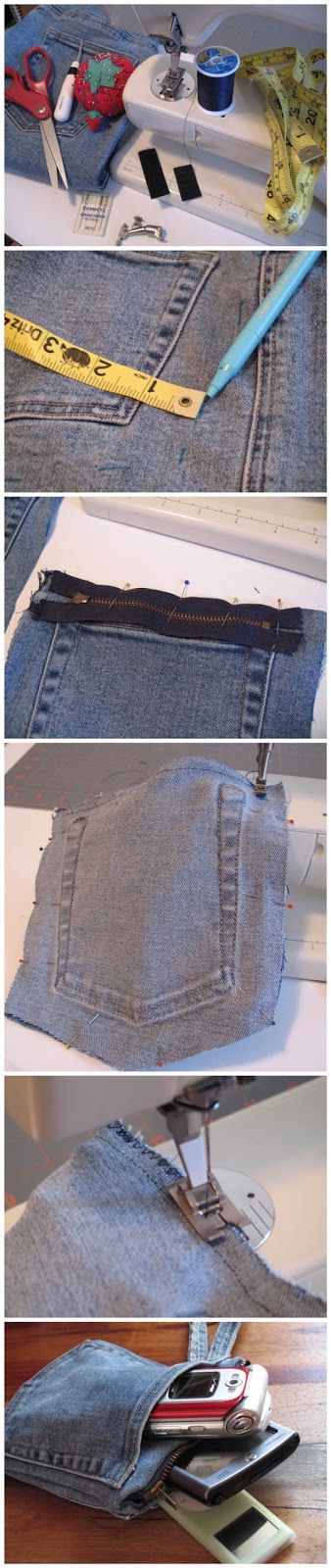 three pictures showing how to sew jeans with scissors and tape on the bottom half