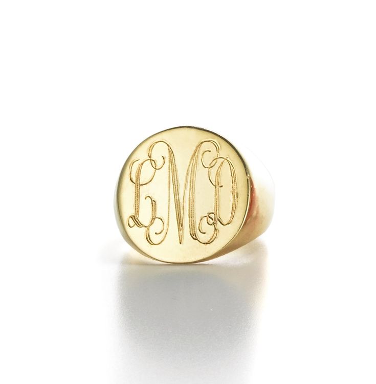 The LANA ROUND signet ring is beautiful worn on any finger. Face measures 15mm (approximately 5/8") in height. Instructions: Monograms should be written in the following order: First Initial, Last Initial, Middle Initial (ex: Jane Olivia Smith should be written as JSO). Custom ring sizes are only available in the 14K versions. 10K and 18K Gold is available upon custom request. Due to its personalized nature, please allow 2-3 weeks for this item to ship. For guaranteed arrival within 5-7 business Monogram Ring Gold, Pinky Signet Ring, Custom Signet Ring, Signet Rings Women, Mommy Jewelry, Family Rings, Mom Ring, Baguette Diamond Rings, Monogram Ring