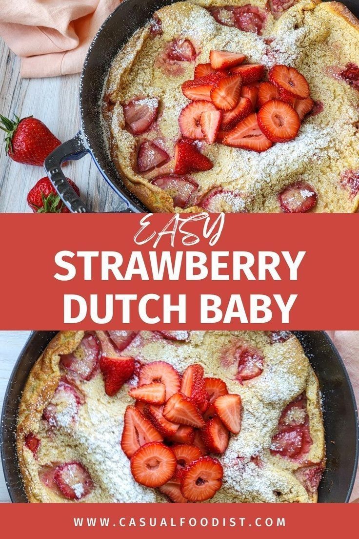 strawberry dutch baby in a skillet with strawberries on top