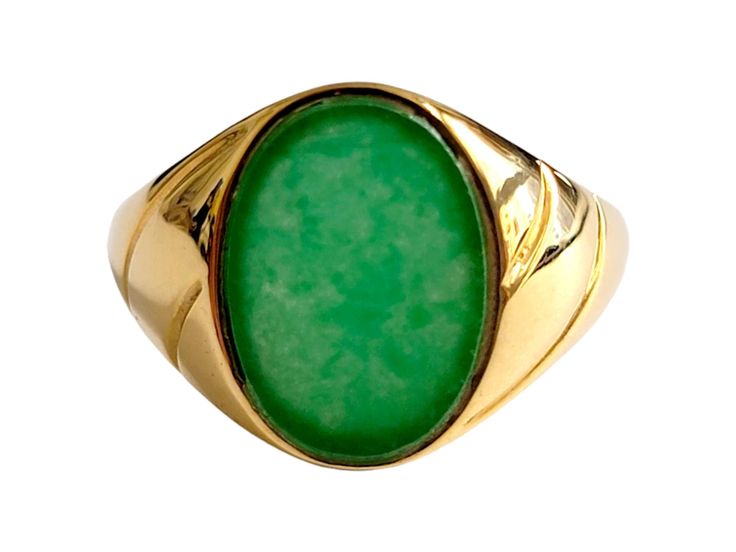 Our "Fyie Signet Jade Ring" shows our classic Signet-style design, with Jadeite and 14K Yellow gold. The Jadeite represents prosperity and health. Our artisans finish the piece with Gold design elements inspired from The Oriental Qing Dynasty.  Specifications vary according to Ring Size. Typical specifications for Size US 9.5 are shown below (Ring as seen in the images). Stock ID: 1FSJR14Y Materials: 3.90g 14K gold, 0.30g Jadeite Dimensions: 24 x 22 x 15 mm Gross Weight: 4.20g Fine Jewelry Green Signet Ring With 17 Jewels, Classic Jade Rings With Polished Finish, Classic Chrysoprase Gemstone Jewelry, Classic Green Opal Ring In 14k Gold, Formal Yellow Gold Chrysoprase Jewelry, Classic Oval Chrysoprase Ring, Classic Chrysoprase Ring Jewelry, Green 14k Gold Hallmarked Signet Ring, Classic Round Chrysoprase Rings