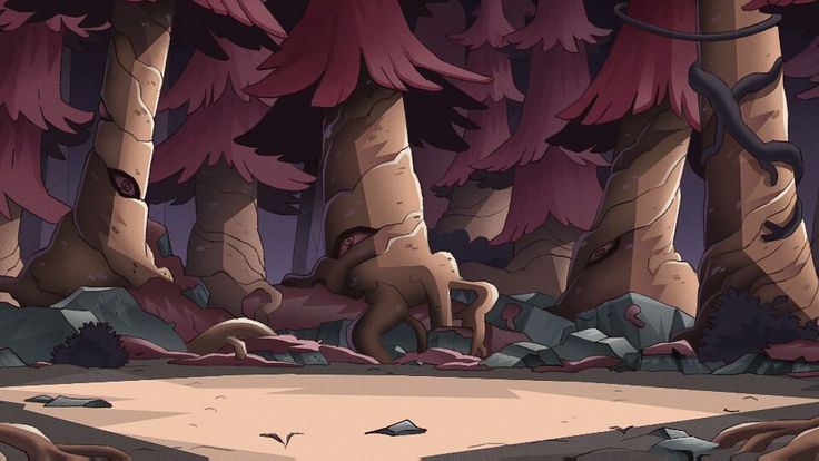 an animated scene with trees and rocks in the background