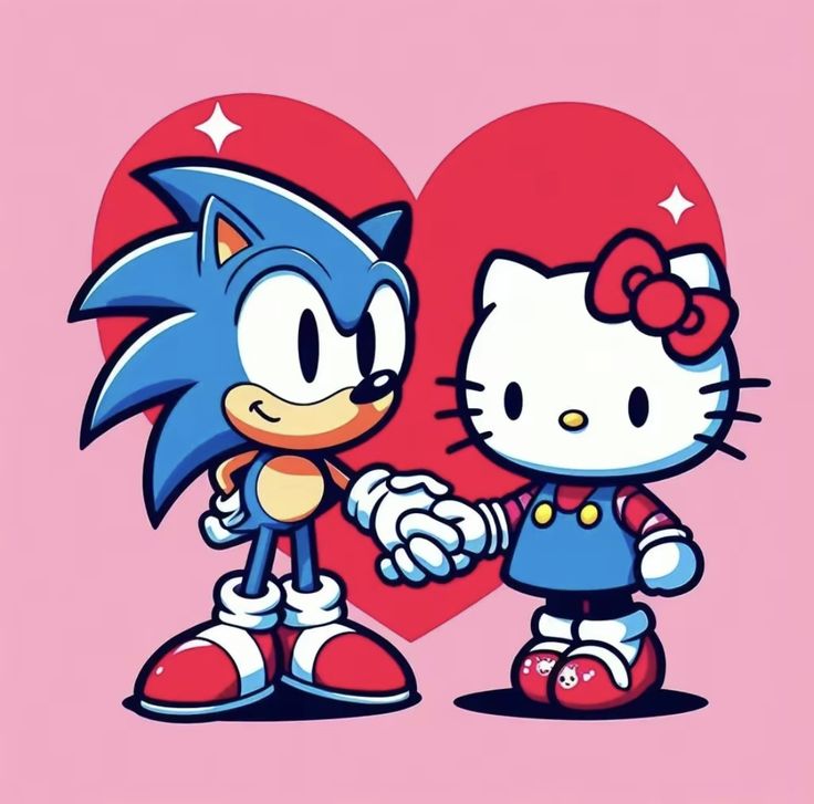 an image of two cartoon characters in front of a heart shaped background with the words hello kitty on it