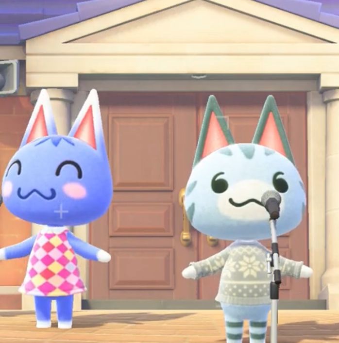 two cartoon characters standing in front of a door with microphones and an animal on the sidewalk