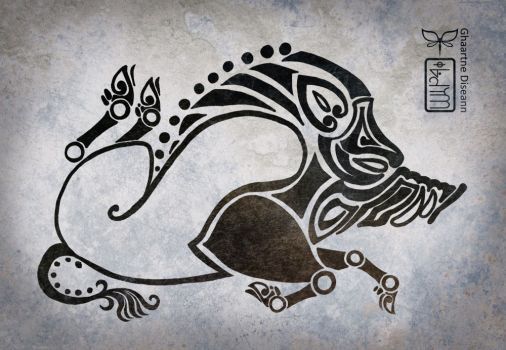 an animal with intricate designs on it's face and tail is shown in black ink